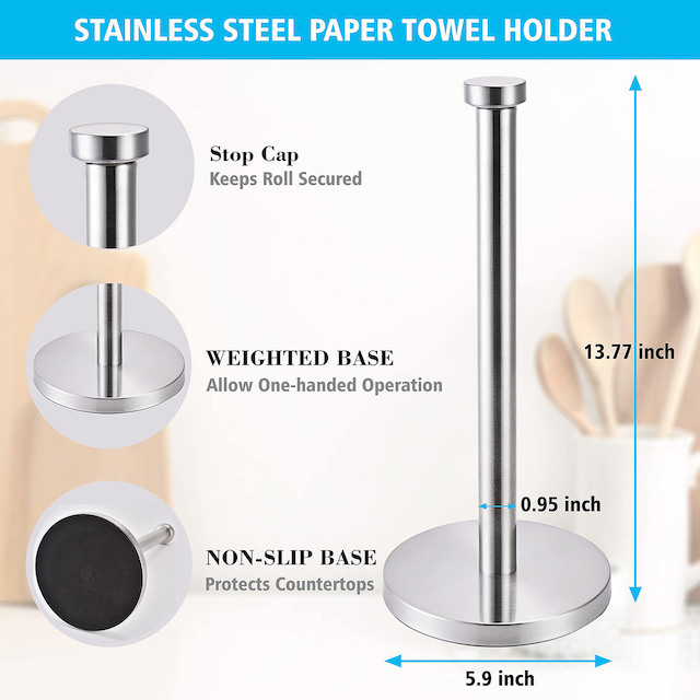 Pemegang gulungan kertas berdiri di meja dapur, tempat handuk kertas  Stainless Steel dengan alas tugas berat