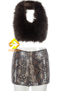 Nuovo Top 2025 moda <span class=keywords><strong>Sexy</strong></span> da sera senza schienale in pelliccia sintetica con <span class=keywords><strong>Mini</strong></span> <span class=keywords><strong>Shorts</strong></span> set in due pezzi da donna - Product Image 3
