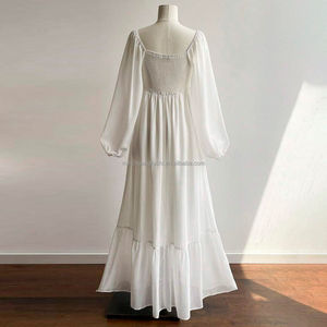 女性用カスタムVネックレースシフォンドレス長袖ハイウエストシアーマキシドレスレディース - Product Image 4