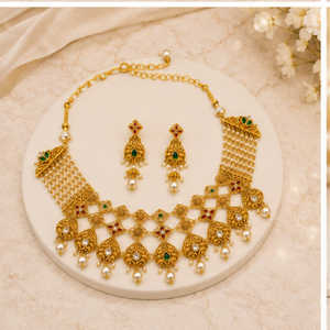 Classic 22K Solid Gold Antique Necklace and Earring <b>Set</b> with Zircon Freshwater Pearl <b>Beads</b> Geometric Design for Women Wedding - Product Image 1