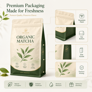 Kantong Kemasan Bawah Rata dengan Ritsleting, Desain Baru, Cetak Kustom, Bahan Food Grade, Dapat Ditutup Kembali, untuk Bubuk Teh Matcha Organik, Segel Delapan Sisi - Product Image 3