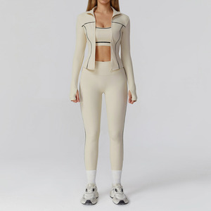 Ensembles d'entraînement 3 pièces pour femmes Leggings taille haute <span class=keywords><strong>sans</strong></span> couture Crop Top Jacket Gym Yoga Outfit Sports Bra Sets Yoga Outfit Activewear - Product Image 5