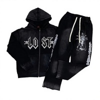 Ensemble 2 pièces streetwear oversize pour homme, en coton tricoté 100%, respirant et chaud pour l'automne, avec sweat à capuche et pantalon, style vintage délavé à l'acide