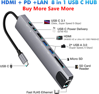 Hub USB C 8 en 1 Tipo C 3.1 a Adaptador HDMI 4K con Lector de Tarjetas RJ45 SD/TF, Carga Rápida PD para Computadora Portátil MacBook