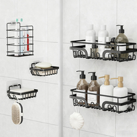 Ensemble d'étagères de salle de bain adhésives en acier inoxydable 5 pièces - Porte-savon sans perçage, crochets, panier de douche - Organisateur de salle de bain antirouille