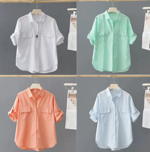 Camicetta Vintage in <span class=keywords><strong>Raso</strong></span> per Donna OEM/ODM, Ampia in Cotone con Colletto, Mezza Manica, Bottoni, Top Casual <span class=keywords><strong>di</strong></span> Tendenza per l'Estate, Campione Gratuito - Product Image 3