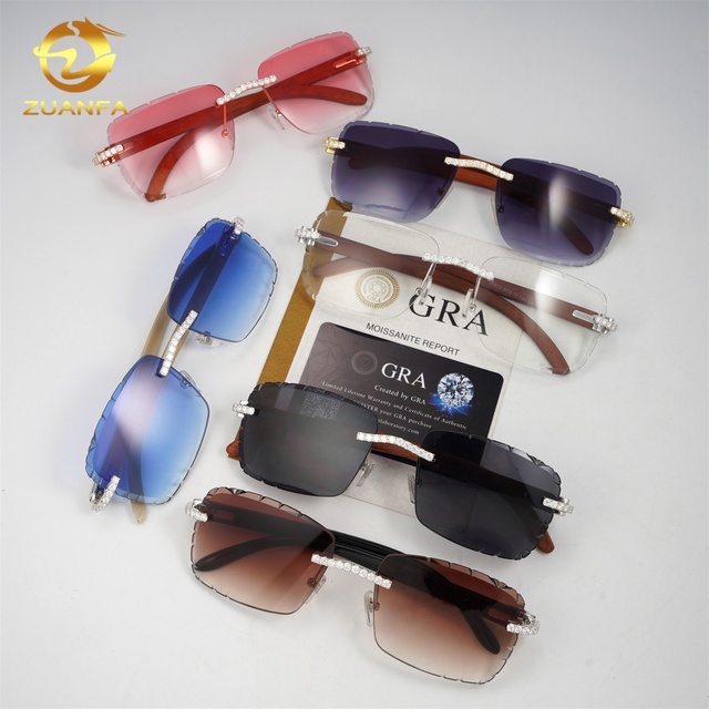 Hip Hop Jewelry GRA Certificate 925 Silver Rimless Pink Blue Lens Wooden Iced Out Moissanite Sunglasses