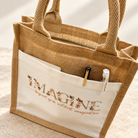 Sac fourre-tout en toile de jute imprimé sur mesure, sac de shopping réutilisable en toile de jute avec poche avant en toile pour les cadeaux de mariage