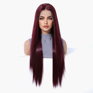 Peluca de encaje de alta densidad 13x6 Estilo libre fibra futura suave largo recto rojo vino rojo - Product Image 2