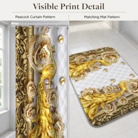 Ensemble de rideaux de douche de luxe personnalisés en or avec motif paon, tapis de salle de bain coordonnés assortis, motifs d'oiseaux ornés, vente en gros OEM ODM
