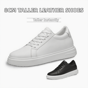 Invisible Height 8CM Round Toe Genuine Leather Upper PVC Midsole <b>Breathable</b> Fashion Board <b>Shoes</b> <b>Men's</b> Large Dock Layer White - Product Image 2