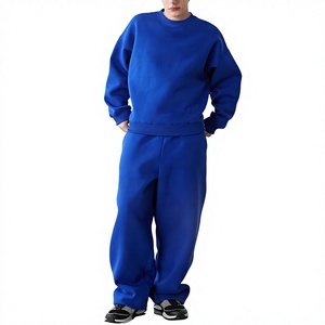 Survêtement pour homme, bleu uni, polyester, coupe ajustée, col à capuche, poches latérales, taille élastique, respirant, en molleton - Product Image 1