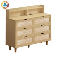 Commode en rotin naturel à 6 tiroirs avec éclairage LED, étagère, design moderne et simple, meuble de rangement ouvert multi-niveaux pour salon