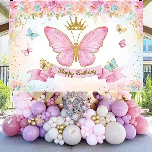 Kelebek doğum günü Backdrop fotoğraf kabini afiş fotoğraf arka plan afiş için çocuk çiçek fotoğraf arka plan