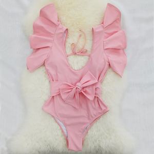 Nouveau Maillot de Bain Une Pièce Sexy et Mignon pour Femme, Design Personnalisé, Bretelles Nouées, Col en V, Couleur Unie, Dos Nu Évidé, Volants - Product Image 1