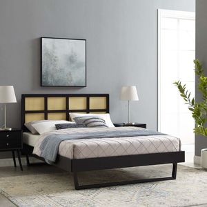 Cane Rattan and Solid Wood Queen Platform <b>Bed</b> Frame Natural Rattan Headboard Modern Wooden <b>Bed</b> for Bedroom Furniture - Product Image 1