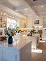 Set Kabinet Dapur Mewah Putih Prancis dengan Display Kaca, Material Kayu Modular, dan Meja Dapur Marmer