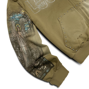 Men's Oversized Khaki Distressed Zip Up Hoodie Stud with Rhinestones Stained Glass Sleeve High Street Casual Vintage Sweatshirt - Product Image 4