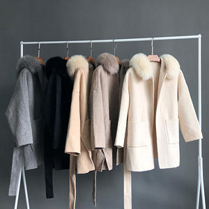 Janefur inverno <span class=keywords><strong>donna</strong></span> cappotto in Cashmere di lana di colore puro cintura stile sciolto chiudi cappotto di lana con cappuccio con collo in vera pelliccia di volpe - Product Image 4