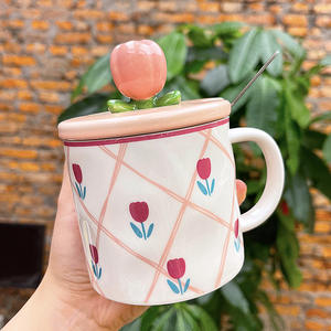 Taza de cerámica Zuo Mu con tapa y cuchara, diseño de tulipán, taza reutilizable para estudiantes, uso en la oficina, regalo para el regreso a la escuela - Product Image 3