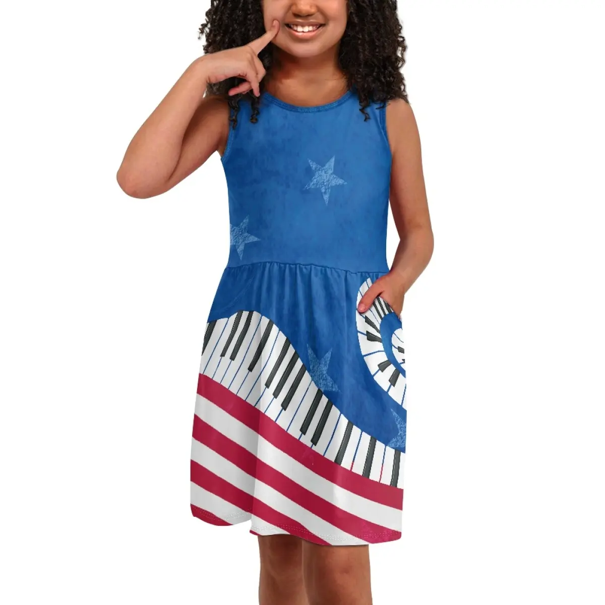 ชุดเดรสพิมพ์ลายธงชาติอเมริกาชุดเดรสมีกระเป๋าสำหรับเด็กหญิงเสื้อคลุมออก2023ได้ตามต้องการ