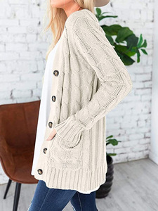 2020 Otoño/Invierno <span class=keywords><strong>Amazon</strong></span> Cable tejer Causal <span class=keywords><strong>Chaqueta</strong></span> larga con botones de abrigo para las mujeres - Product Image 4