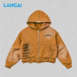 Custom Knitted Belted Cropped Hoodies Streetwear Oversized Baggy 100%Cotton Coat Acid Washed Rhinestone Zip up Hoodie <b>Men</b> - Product Image 1