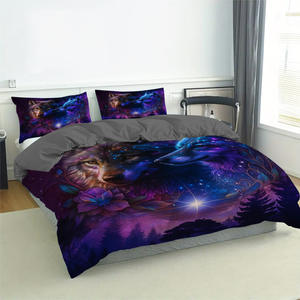 Ensemble de literie imprimé 3D Galaxy Wolf-3PC housse de <span class=keywords><strong>couette</strong></span> et taies d'oreiller motif animal de l'espace Textiles de maison - Product Image 3