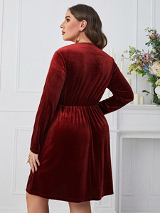 Taglie forti abito da donna di alta qualità <span class=keywords><strong>con</strong></span> scollo <span class=keywords><strong>a</strong></span> V rosso intenso abito dimagrante <span class=keywords><strong>a</strong></span> vita alta <span class=keywords><strong>a</strong></span> <span class=keywords><strong>maniche</strong></span> lunghe OEM - Product Image 5