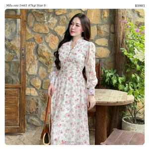 Vestido Maxi de Gasa Floral para Mujer con Cuello con Volantes, Manga Larga, Cintura Fruncida y Corte Fluido en Línea A, Venta al por Mayor OEM ODM - Product Image 6