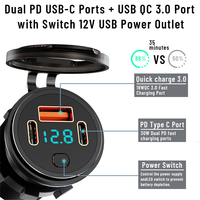 Chargeur de voiture modifié 12-24V 66W avec interrupteur marche/arrêt, charge rapide, double port USB Type C PD QC3.0 pour voitures et motos