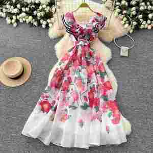 Vestido Midi Casual de Verano para Mujer, Cuello en V, Sin Mangas, Silueta en A, Estampado Digital, Poliéster/Algodón, Cintura Imperio - Product Image 1