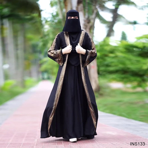 ドバイ装飾ストーンオープンアバヤセット高級ブラックカフタン長袖インナードレスカスタムメイド服中東ドバイ - Product Image 1