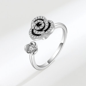Anillo giratorio de joyería para mujer, con microincrustaciones de circonita, esmalte negro, cobre, flor rosa, estilo vintage, joyería antiestrés unisex - Product Image 6
