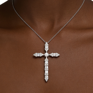 CUSTOM SILVER 10K/14K/18K GOLD PLATED LAB GROWN CVD DIAMOND CLASSIC ENGAGEMENT GIFT SWEATER <b>CHAIN</b> NECKLACE <b>CROSS</b> PENDANT - Product Image 3