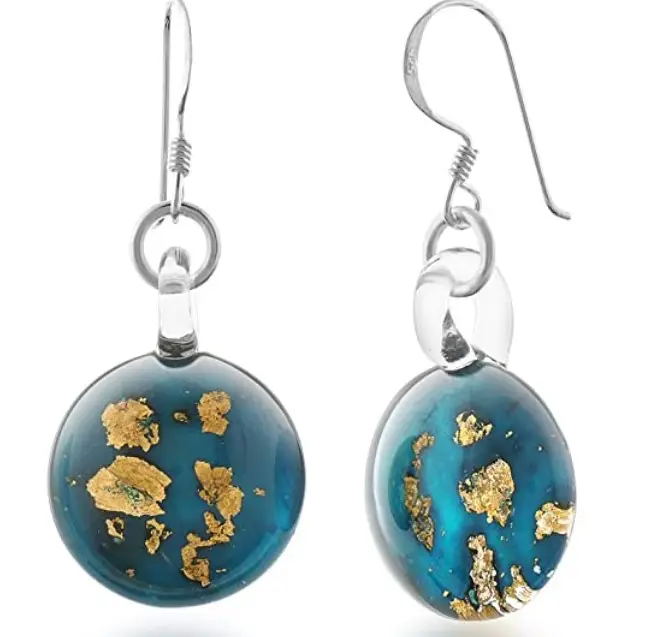 Silver Hand Blown Murano Glass Golden Blue Sky Dangle Earrings C2237