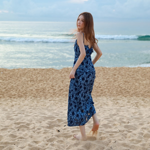 Đầm in hoa màu xanh lam Phong cách Pháp Hoa dại Hoa tươi mát tự nhiên Phong cách nghỉ dưỡng ven biển Định hình vòng eo Giảm béo Đầm thanh lịch - Product Image 3