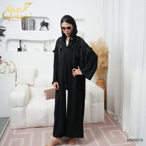 Habib新デザインヒジャーブブラックオープンアバヤセット工場卸売ビーズスリーブオープンアバヤヒジャーブ付き - Product Image 4