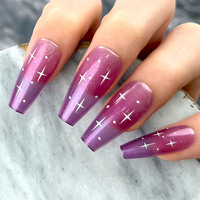 Uñas Postizas Reutilizables Resistentes al Desgaste con Diseño de Estrellas Brillantes Moradas y Efecto Ojo de Gato, Suministros para Vendedores