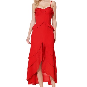 เดรสยาวผ้าชีฟองสีแดงระบายพิมพ์ลายคุณภาพสูงสำหรับฤดูใบไม้ผลิและฤดูร้อน สไตล์ลำลอง แฟชั่นหรูหราสำหรับสุภาพสตรี - Product Image 1
