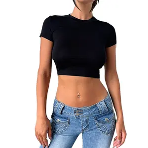 2024 Womens Clothing Cropped Top T Shirt Belly Shirt Women Casual Crop Top T Shirts Black Fashion Solid Y2K Style Ladies Slim