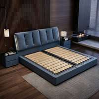 Lit rembourré en cuir véritable, style minimaliste moderne, avec cadre en bois et sommier réglable, mobilier de chambre à coucher