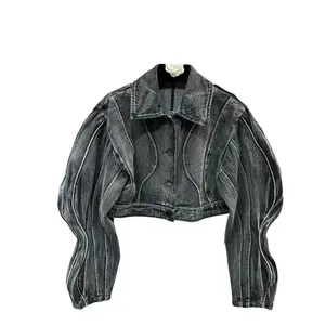 OEM Service Vintage Black Denim Jean Jacken für Frauen Revers Long Silhouette Sleeve Fashion Loose Autumn Jacket