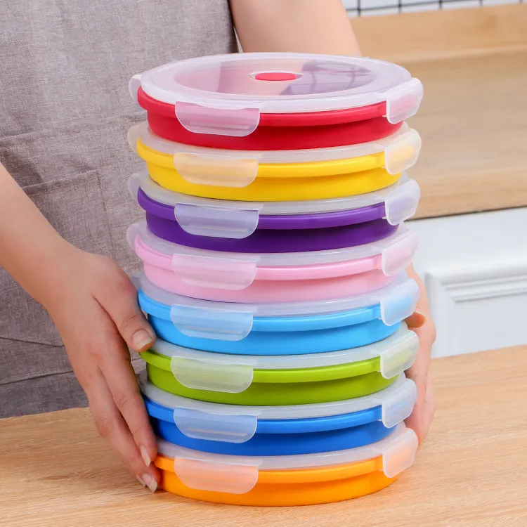 600ml Rodada Silicone Lancheira Portátil Dobrável Bento Caixas Recipientes De Armazenamento De Alimentos Dobráveis Forno De Microondas para a escola infantil