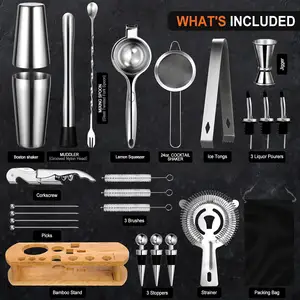 Wuyi Camol Fabriek Bestseller 24-delige Cocktail Shaker Barman Kit Met Standaard Boston Shaker Meer Professionele Bar Tools