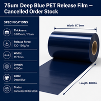 Film de support PET bleu foncé 75µm 130-150g/in pour ruban adhésif silicone, découpe de joints et laminage industriel - Stock de commande annulée