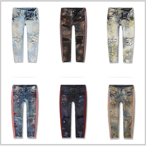 Pantalones Vaqueros Elásticos para Niños al por Mayor, con Estampado de Pintura y Rayas Laterales, Vaqueros Rectos Rotos para Niños - Product Image 5