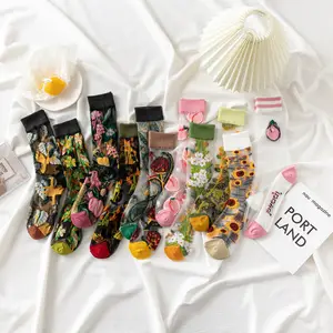 Calcetines de seda transparentes con flores para mujer, medias finas, finas, transpirables, de verano