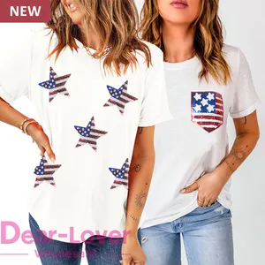 Dear-Lover Wholesale High Quality T Shirt Summer T-Shirts Fashion Casual American Flag Sequin Pocket Patched Print Graphic Tee