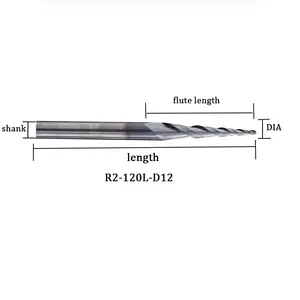 목공 R2 * 120L * D12 HRC55 2 플루트 테이퍼 볼 코 끝 용 CNC 라우터 비트.